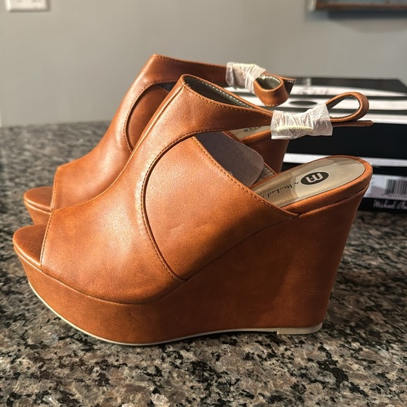Michael Antonio cognac wedge peep toe NIB 7.5 - Picture 3 of 11
